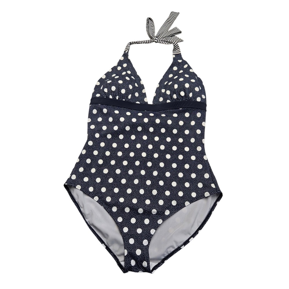 BODEN Positano Halter One Piece Swimsuit 14 Navy Blue Polka Dot Beach Mod Pin Up